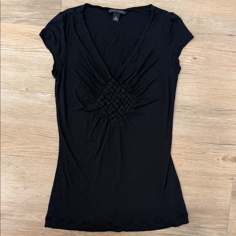 Banana Republic Black Short-Sleeve V-Neck Top with Woven Front Panel